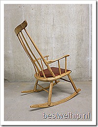 Deense houten schommelstoel rocking chair Danish mid century design retro