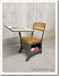 industriele stoel schoolbank jaren 40 vintage, old school desk chair industrial