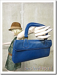 Vintage blauw leren handtas bag clutch retro sixties
