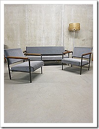 ‘Mid century’ industrial seating group, sofa & lounge chairs 